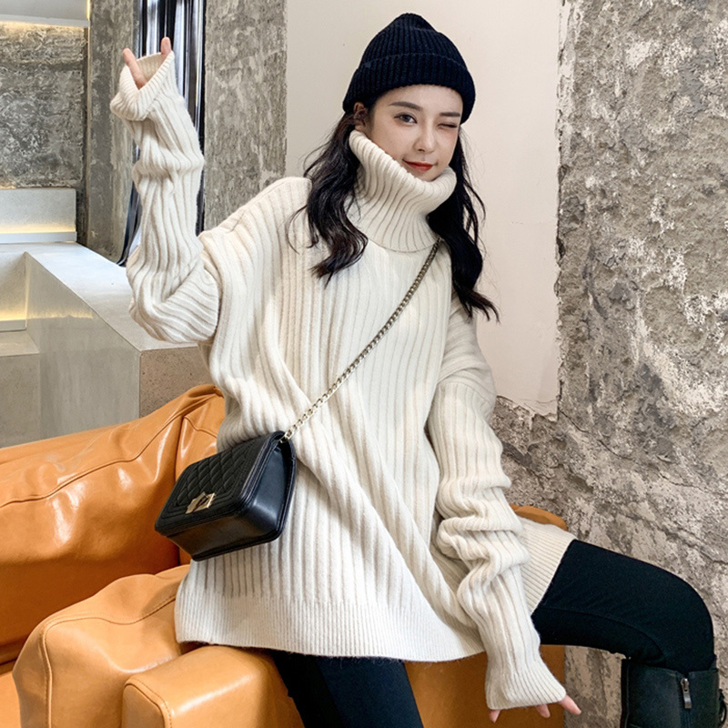 Thickened Turtleneck Sweater for Women, Loose Fit, High-End Lazy Style Knit Top, 2024 Autumn and Winter White Oversized Sweater