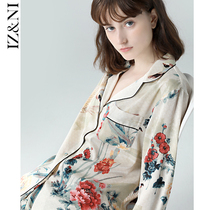 IIZZINI Original 2021 Pajamas Women Spring and Autumn Long Sleeve Ice Ink Print Luxury Silk Home Clothing Set