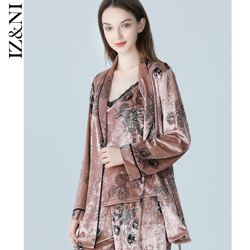 IIZZINI pajamas women's autumn and winter long-sleeved gold velvet national style cymbidium suspenders trousers home service suit