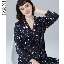 IIZZINI Original Silk Pajamas Women Spring and Autumn Long Sleeve Ice Silk Starry Sky Print Simple Home Clothes Set