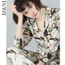 IIZZINI silk pajamas women Spring and Autumn long sleeves ice silk flowers and birds ink printing luxury home clothing set