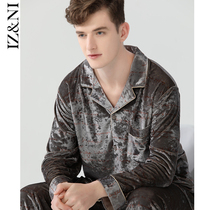 IIZZINI Original 2021 Sleeping Mens Autumn Winter Long Sleeves Gold Velvet Alphabets Loose Home Suit Suit