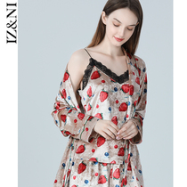 IIZZINI original 2022 pyjamas woman autumn winter long sleeve gold velvet strawberry printed harness long pants three suits