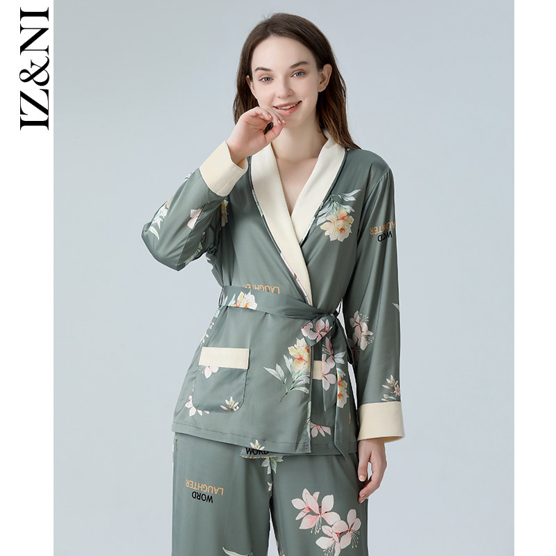 IIZZINI Original Pyjamas Women's Winter Long Sleeve Ice Velvet Thicken Thicken National Wind Peony Flowers Home Suit Suit