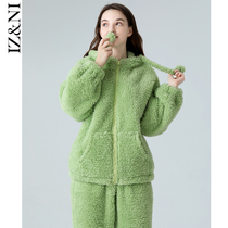 IIZZINI Original Pyjamas Woman Winter Long Sleeve Coral Suede Thickened Flannel Suede Cap Mint Green Home Suit Suit