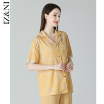 IIZZINI 2022 Sleepwear woman Summer short sleeve thin section Ice Silk State Peony Flowers Dark Tattoo Long Pants Home Suit Suit