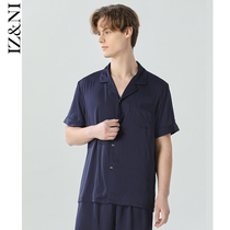 IIZZINI 2022 Sleepwear Male Summer Short Sleeve Ice Silk Brief Dark Blue Loose Shorts Home Suit Suit