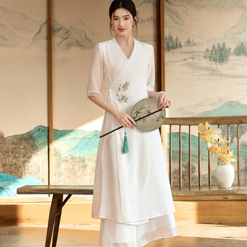 Qian Duoduo's Original Design of Zen-Inspired Women's Clothing, Chinese-Style Improved Hanfu, Artistic Slim-Fit Long Dress, Tea Dress, Women's Dress