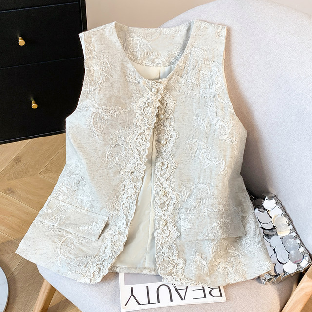 Heavy embroidery ramie cardigan vest for women 2025 spring and summer new style