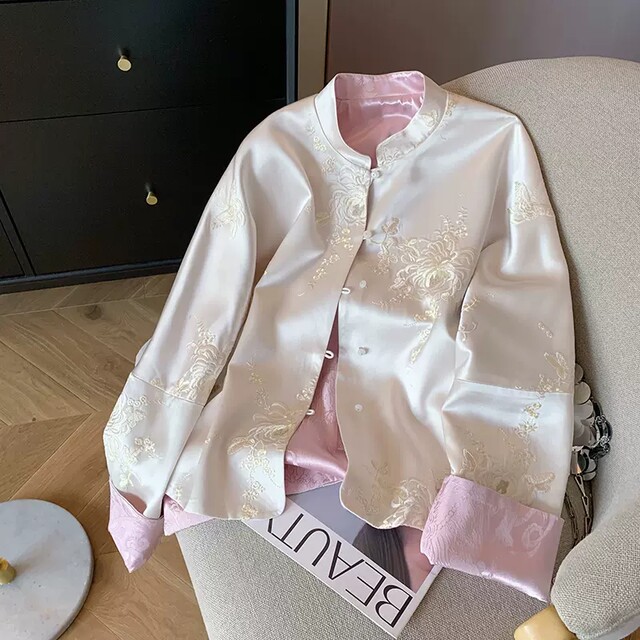 New Chinese style national style embroidered satin stand collar jacket for women spring 2025 retro high-end temperament Zen thin top