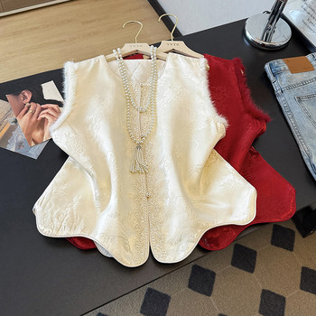 Real Shot of High-End New Chinese-Style Women's Vest for Autumn and Winter, Padded and Warm, Traditional Chinese Style, Thickened