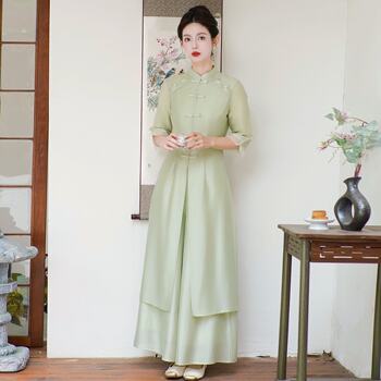 Original Design 2025 Spring/Summer New Style Stand-Up Collar Embroidered Improved Cheongsam Three-Quarter Sleeve Tea Suit Set Zen