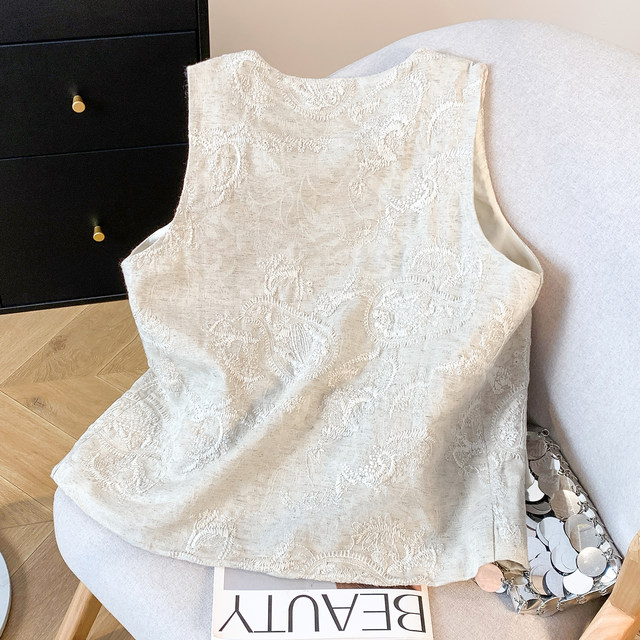 Heavy embroidery ramie cardigan vest for women 2025 spring and summer new style