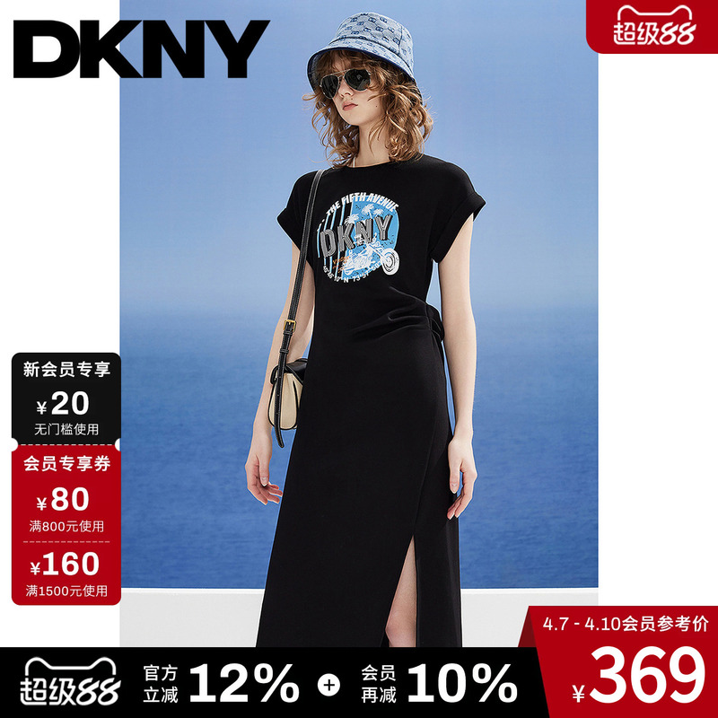 Dkny Tang Ke Naer Summer Short-Sleeve Dress for Women, Black Round Neck, Logo Print, American Retro Style with Slit Dkny Tang Ke Naer Summer Short-Sleeve Dress for Women, Black Round Neck, Logo Print, American Retro Style with Slit
