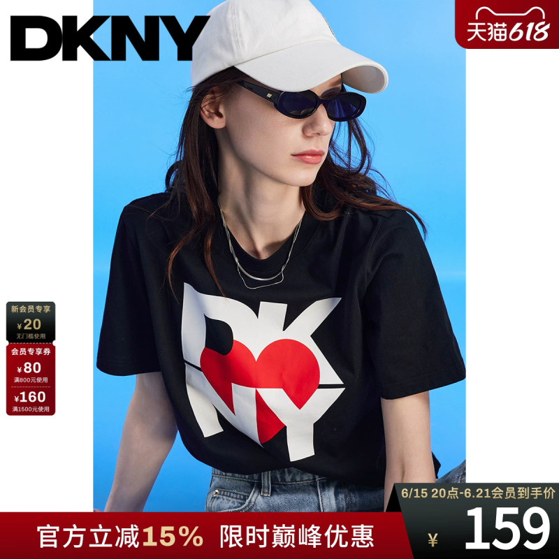 [100% Cotton] Dkny Tang Ke Naer Summer Short-Sleeved T-Shirt for Women with Letter Print Round Neck Top, Loose and Fashionable