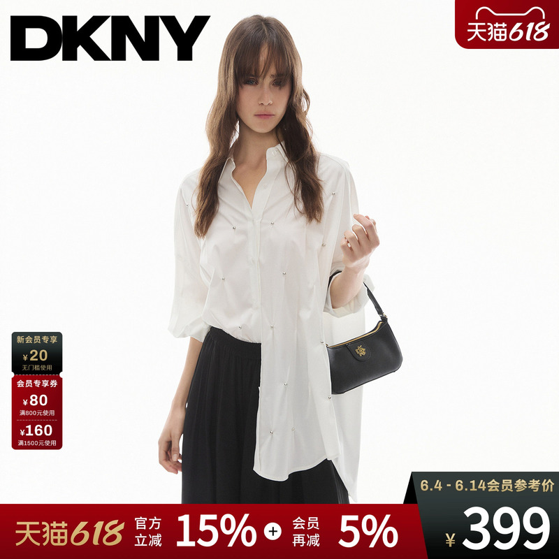 Dkny Tang Kenaier 26 New Summer Long-Sleeved Shirt for Women, Loose-Fitting, Drop-Shoulder, Rivet-Decorated Design, Fashionable