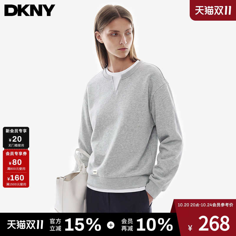 Dkny Donna Karan Fleece-Lined Sweatshirt for Women 2026 New Autumn and Winter Relaxed Style Fake Two-Piece Hoodless Top