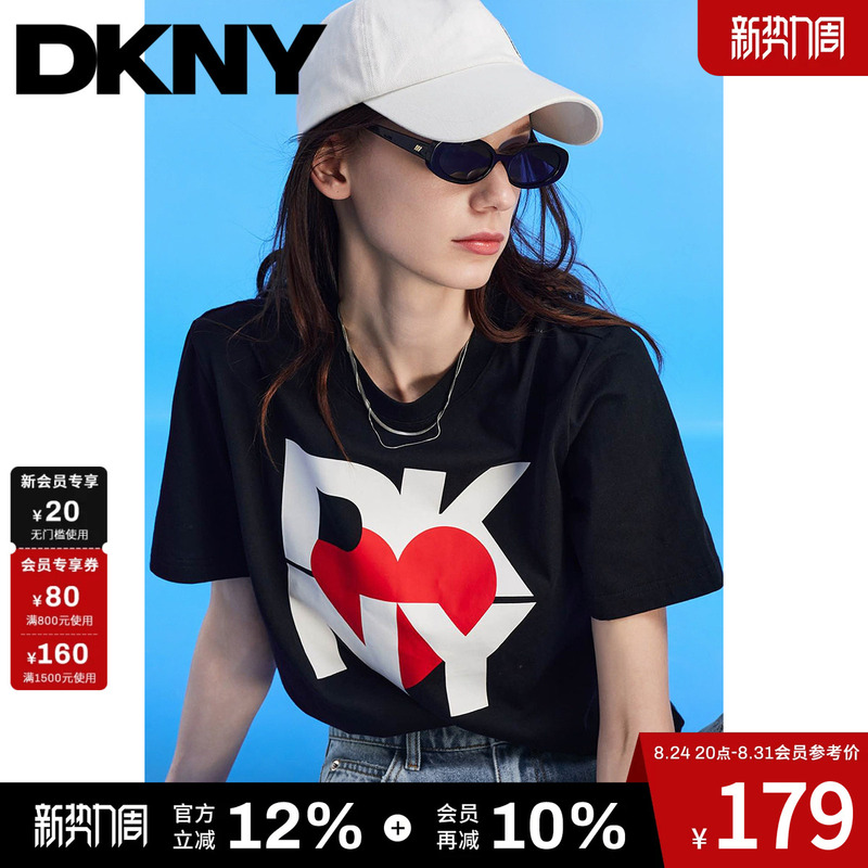 [100% Cotton] Dkny Tang Ke Naer Short-Sleeved T-Shirt for Women with Letter Print Round Neck Top, Loose, Fashionable and Simple