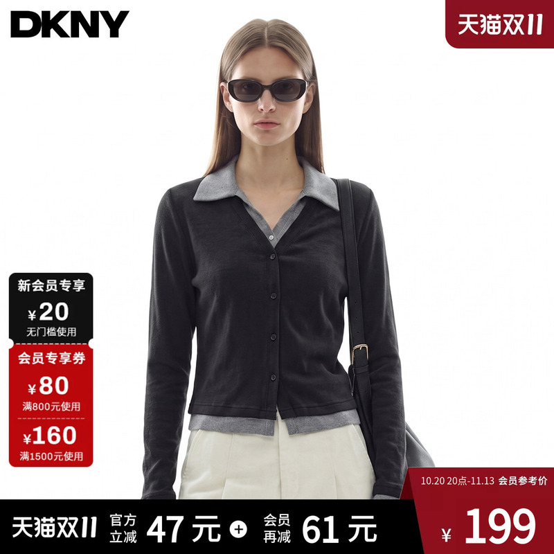 Dkny Tang Kenaer Autumn Fashion Business Color-Blocking Faux Two-Piece Polo Collar Button Casual Cardigan Long-Sleeve T-Shirt for Women