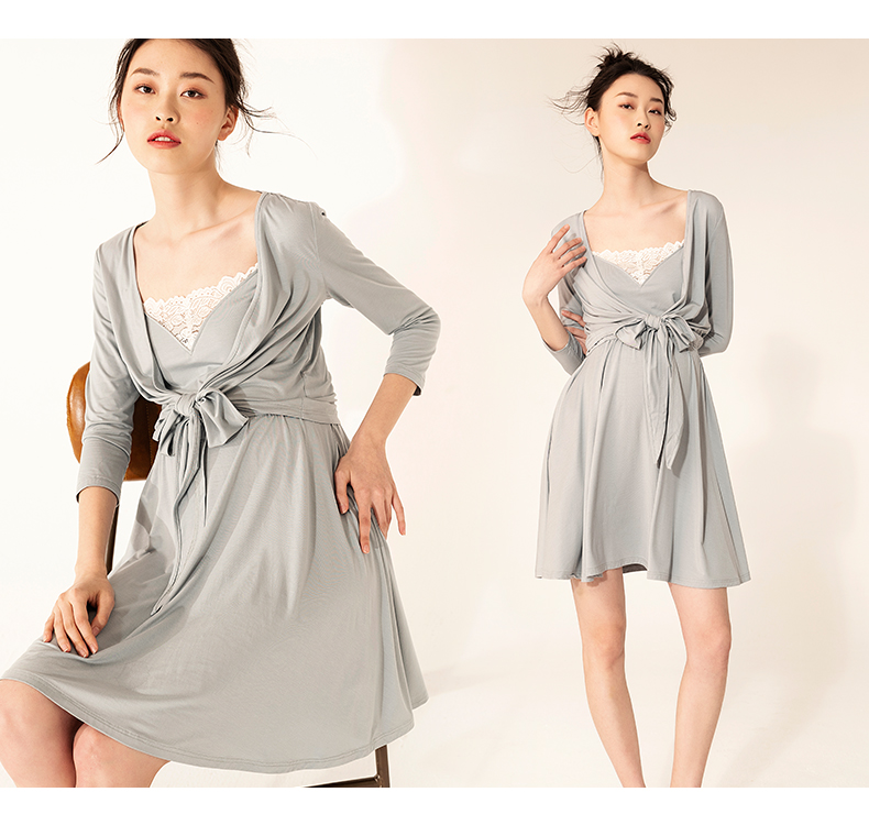 SELLYNEAR mới sau sinh cho con bú phụ nữ mang thai Bộ đồ ngủ màu xám nhạt đan màu xanh phục vụ nhà hai mảnh - Giải trí mặc / Mum mặc đồ bầu