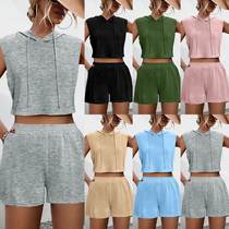 2024 cross-border spring and summer new hooded sleeveless splicing lace-up pocket casual vest shorts suit 2-piece set