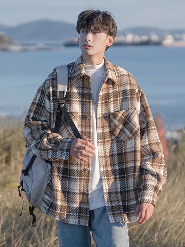 Tweed Jacket for Men, Spring and Autumn Style, Retro Trendy Loose Fit, Cool Plaid Shirt Jacket, Work Shirt