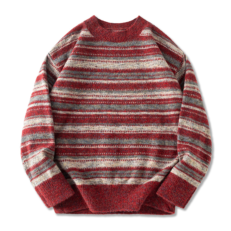 American Retro Color-Blocking Lazy Style Knit Sweater for Men, New Autumn Casual Loose Pullover Striped Sweater for Men