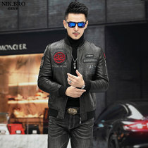 The new first layer of sheepskin baseball suit collar leather jacket Haining leather leather men embroidered slim fashion jacket tide