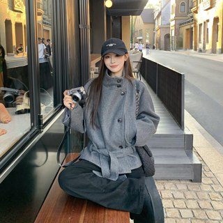 3MER哦哦三妹 韩系立领短款毛呢外套女冬季新款气质收腰呢子大衣