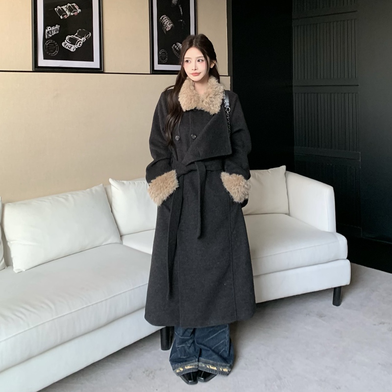 3Mer Oh Oh Sanmei Korean-Style British-Style down Coat with Waist-Cinching and Fur Collar for Women, Winter Woolen Coat