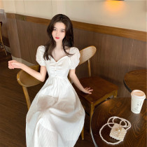 Pretty and handsome white long skirt ankle fairy-like french style waist-like temperament slim puff sleeve dress women 20