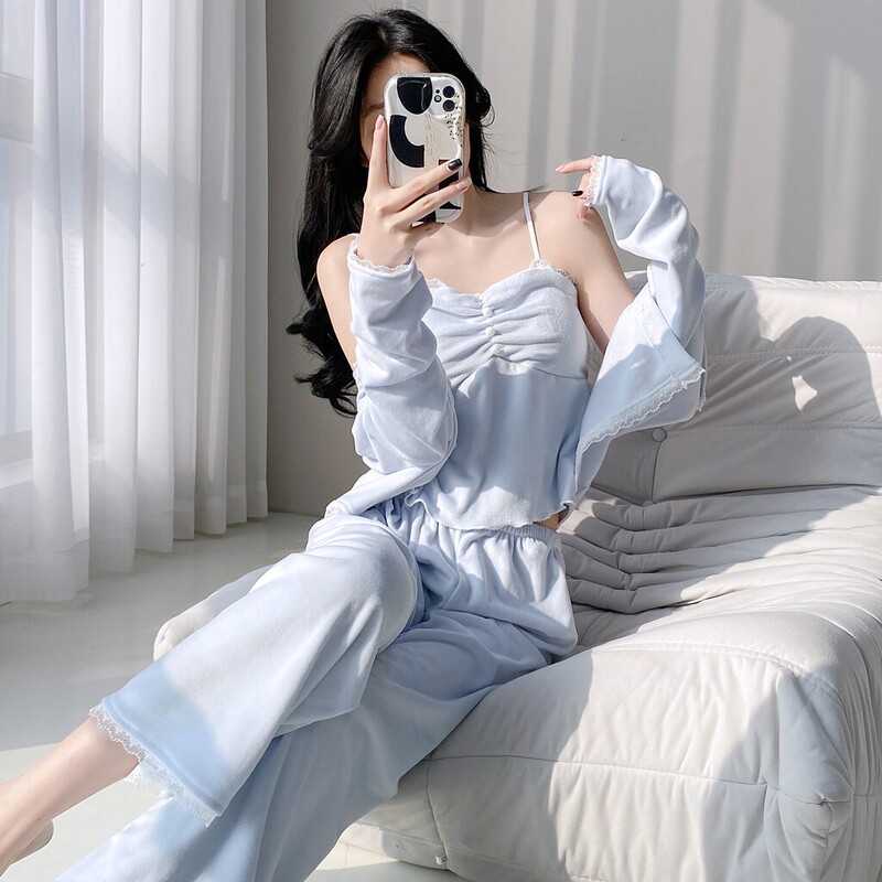 Island Velvet Pure Desire Camisole Sleepwear for Women, Autumn and Winter 2026 New Style, Sexy with Chest Pads, Long-Sleeve Loungewear Three-Piece Set