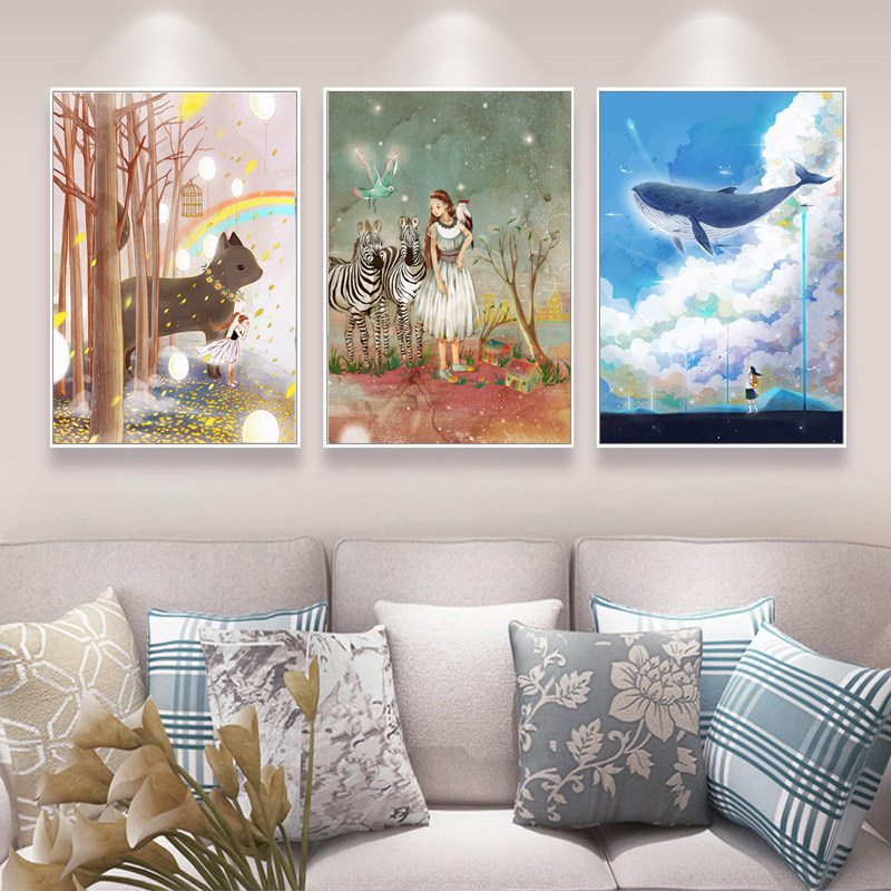 2021 new cross embroidered living room line embroidered minimalist modern small bedroom cute children cartoon fresh triptych