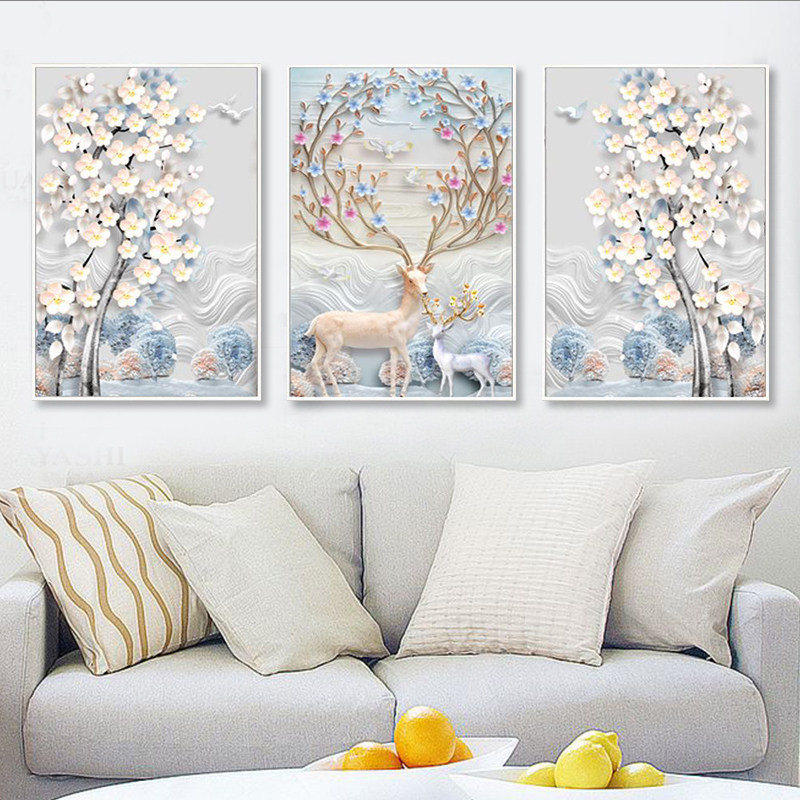 Adhesive cross embroidered diamond embroidered 2021 new elk-o-style living-room triptych diamond painting full drill modern minimalist