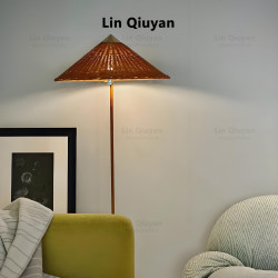 Danish 9602 Living Room and Bedroom Floor Lamp, Mid-Century French Style, South Asian Retro Wabi-Sabi Style, Full Copper Rattan Standing Lamp