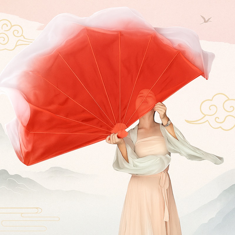 Majolie's Same Style Red and White Fishbone Fan, My Homeland Large Gradient Cartilage Prop, Adult Flowing Dance Opening Performance