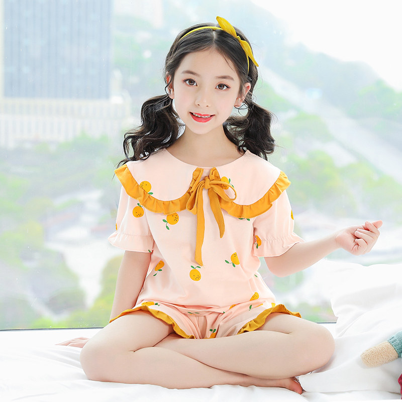 Girls' pajamas, spring and autumn pure cotton children's clothing, children's home clothing suit, big boy, 13-year-old girl, summer, thin and cute