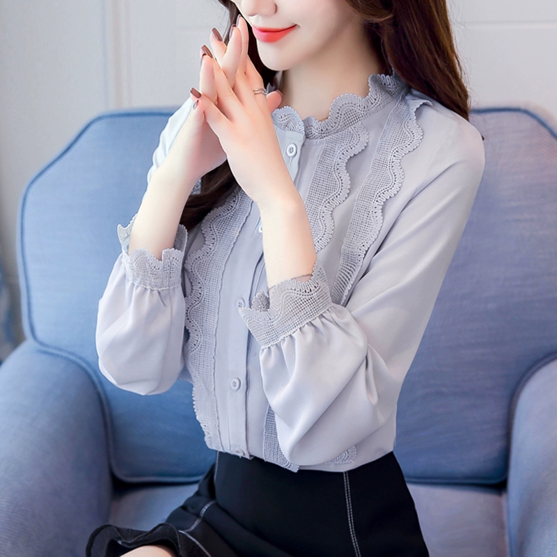 Áo sơ mi voan dài tay phụ nữ quần áo mùa thu 2020 mới hợp thời trang Hàn Quốc thời trang ren hàng đầu áo sơ mi đa năng quần áo tính khí - Áo sơ mi chiffon ren