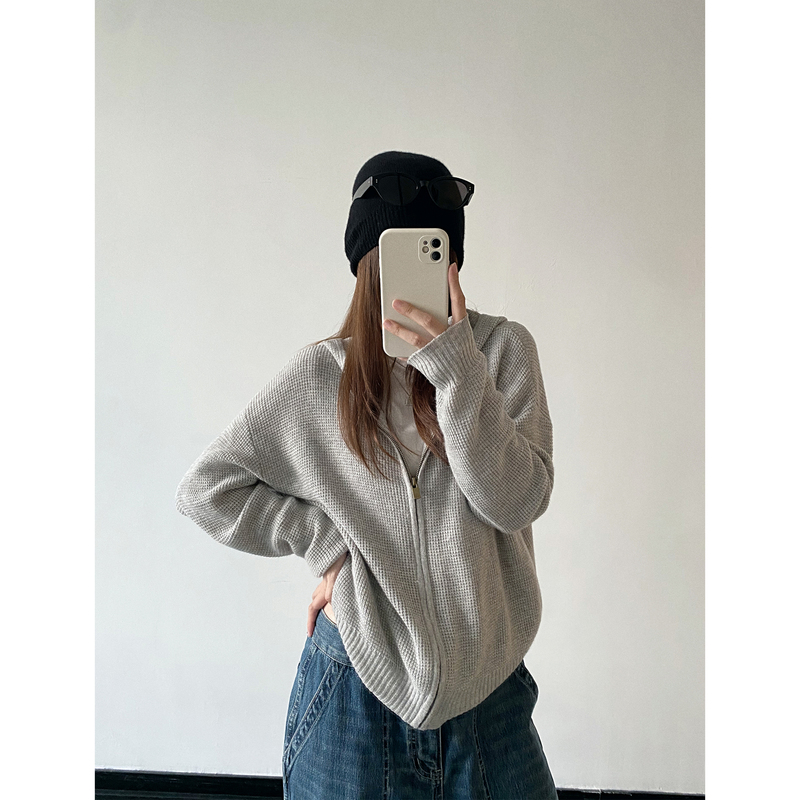 Sunyou 【Wafer Biscuit】 Spring and Autumn Wool Hooded Waffle Texture Fashionable Versatile Knitted Cardigan