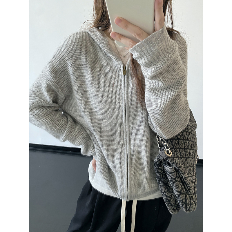 Sunyou 【Wafer Biscuit】 Spring and Autumn Wool Hooded Cardigan with Waffle Texture, Fashionable and Versatile Knitted Cardigan