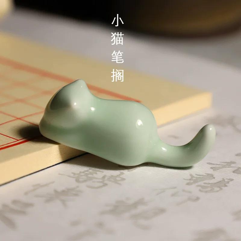 [陶瓷笔架毛笔架镇尺文房器具小猫竹形山形镇纸]