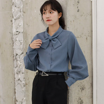 Haze Blue Lantern sleeve shirt female design sense niche light cooked loose retro port taste bow collar lace top