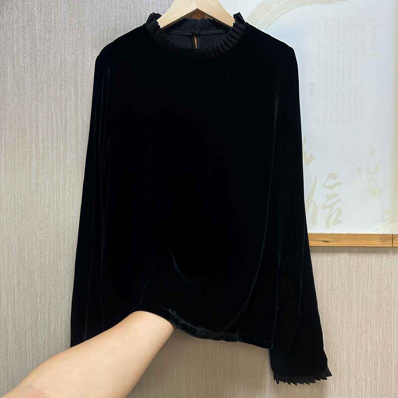 100% Mulberry Silk Velvet Top for Women, Elegant Ruffled Design, Simple Pullover, Casual, Slimming, Loose Fit, Long Sleeves