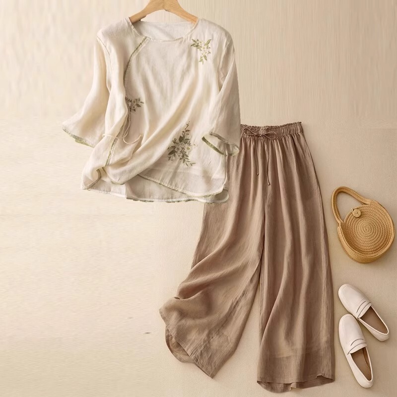 European Ethnic Style Fashion Cotton and Linen Casual Sports Suit for Women 2026 New Summer New Chinese Style Linen Two-Piece Set