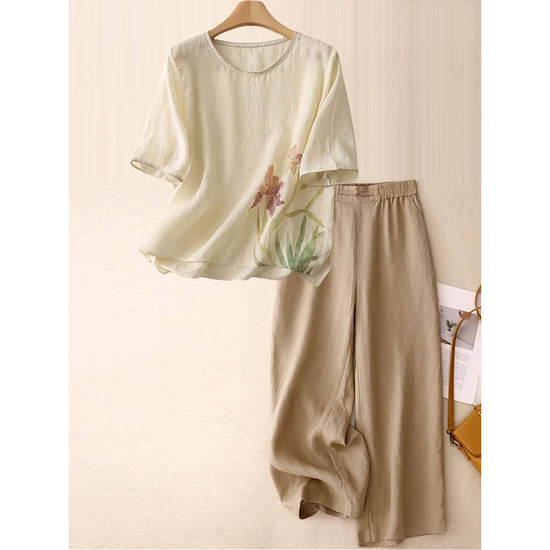 European Style Casual Fashion Cotton and Linen Suit for Women 2026 New Summer Age-Reducing Loose T-Shirt Wide-Leg Pants Two-Piece Set