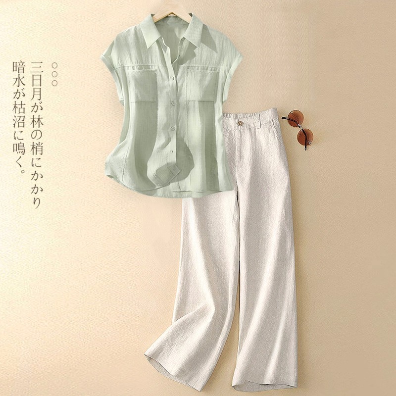 European High-End Light Luxury Cotton and Linen Casual Fashion Suit for Women 2026 New Summer Matte Shirt Two-Piece Set Trendy European High-End Light Luxury Cotton and Linen Casual Fashion Suit for Women 2026 New Summer Matte Shirt Two-Piece Set Trendy