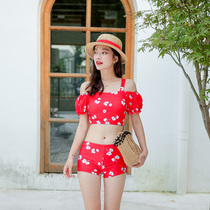 Swimsuit womens three-piece set of split conservative thin flat angle gathering sexy one-word collar seaside holiday 2021 New