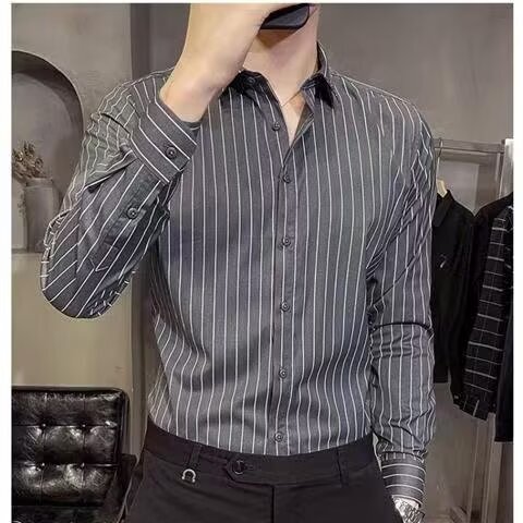 Men's Long-Sleeved Business Casual Shirt, Slim Fit, No-Iron, Men's Shirt, Spring and Autumn, High-End Black Striped Shirt Men's Long-Sleeved Business Casual Shirt, Slim Fit, No-Iron, Men's Shirt, Spring and Autumn, High-End Black Striped Shirt