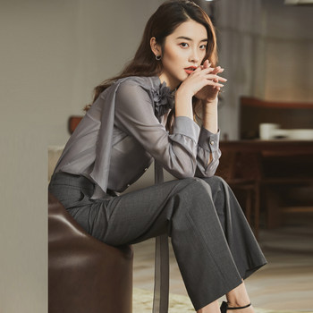 Fendi cut label spring and autumn women's gray ribbon shirt slimming two-piece shirt versatile and slim 1z35074