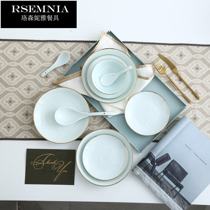 Rsemnia white jade porcelain Jingdezhen porcelain lotus hand inlaid with gold shadow celadon bowl plate for home European style gifts